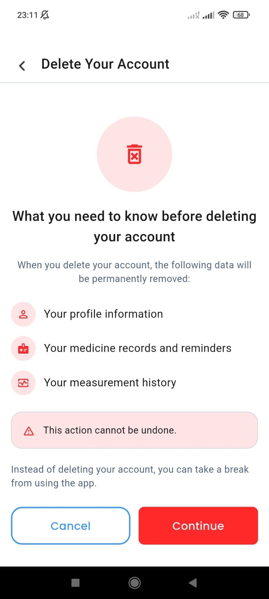Delete account information screen in the app