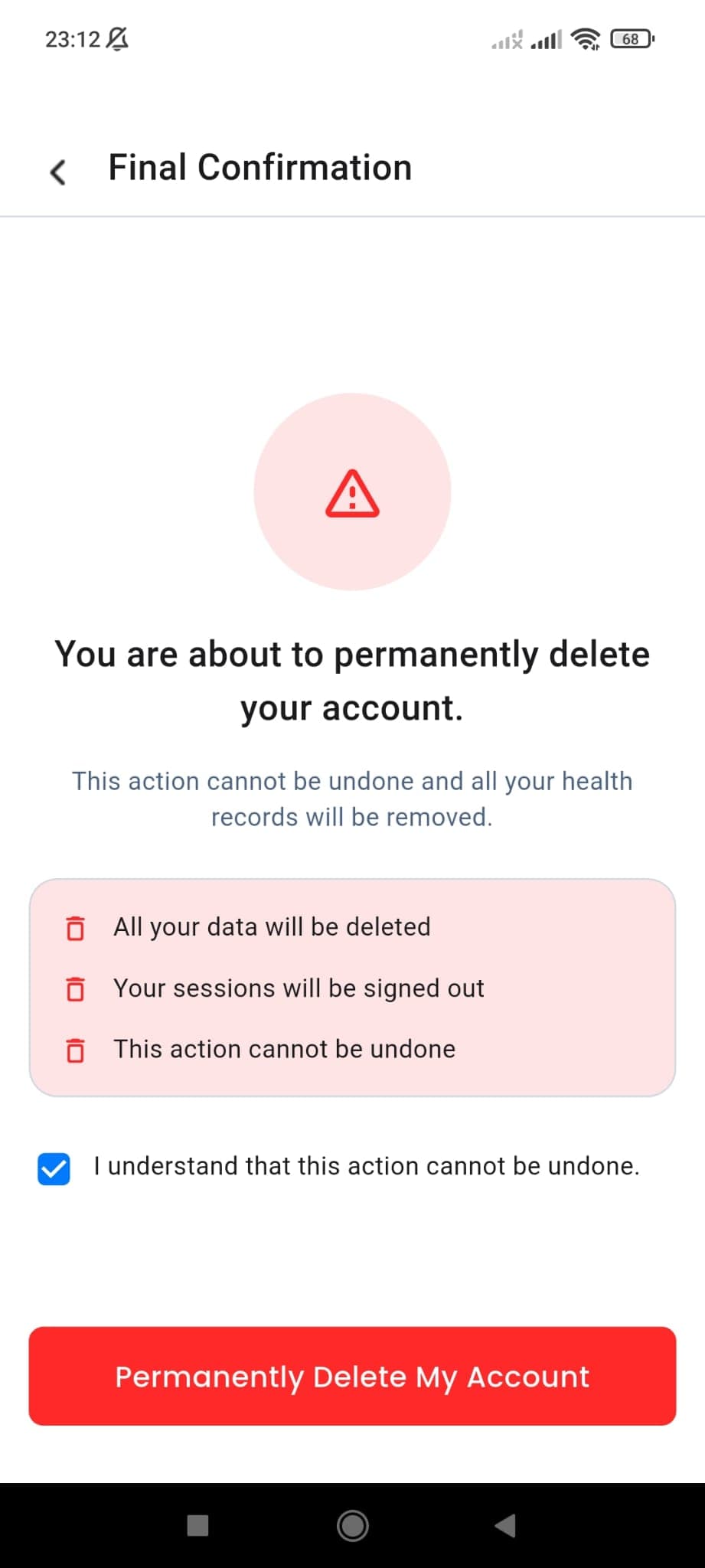 Final confirmation screen for deleting the account