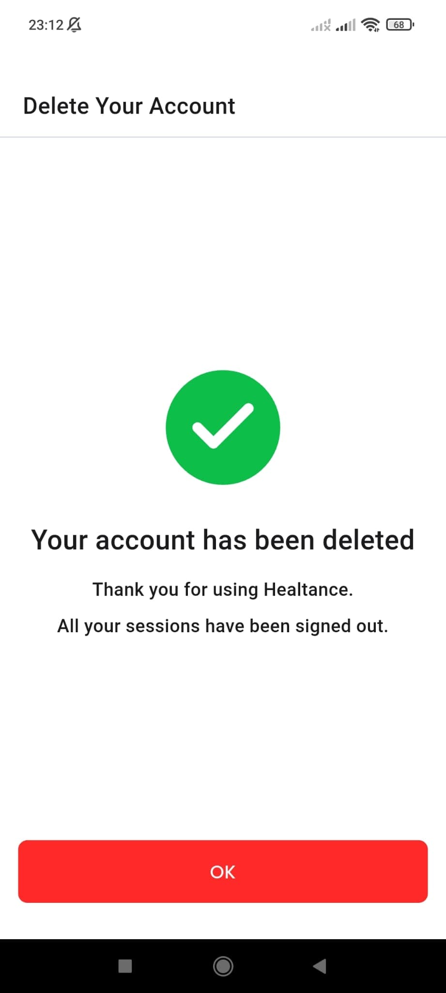 Success screen after deleting the account