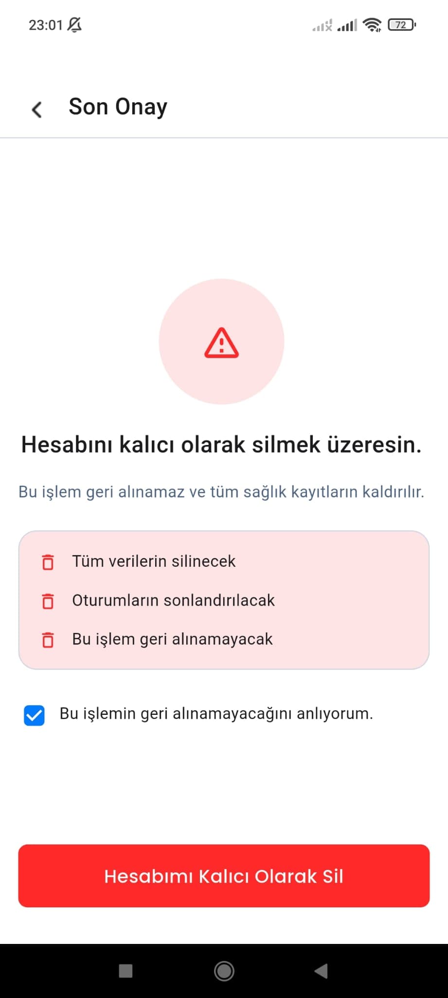 Son onay adiminda hesap silme islemini dogrulayan Turkce uygulama ekran goruntusu